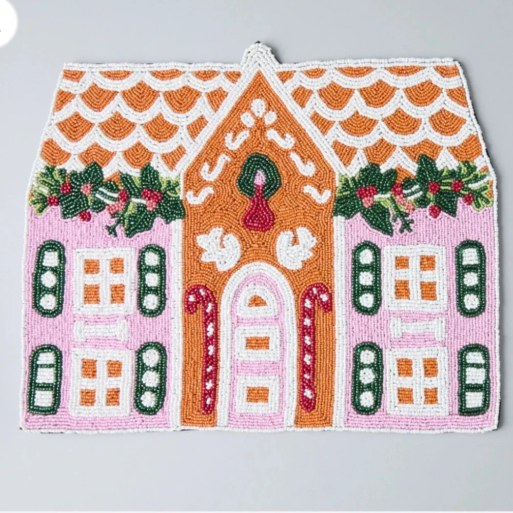New Anthropologie Payton James Christmas Gingerbread Beaded Holiday Place Mat